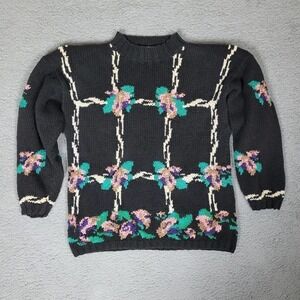 Black VTG Sweater Womens Large Grannycore Grandmacore Floral Hand Knit 80s